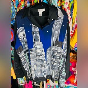 100%silk Vintage Diane Gilman Blue and Black Cityscape Casual Shirt